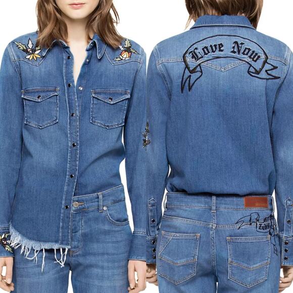 Zadig & Voltaire Deluxe Thelma Love Now Embroidery Western Denim Button Shirt XS - Picture 15 of 15